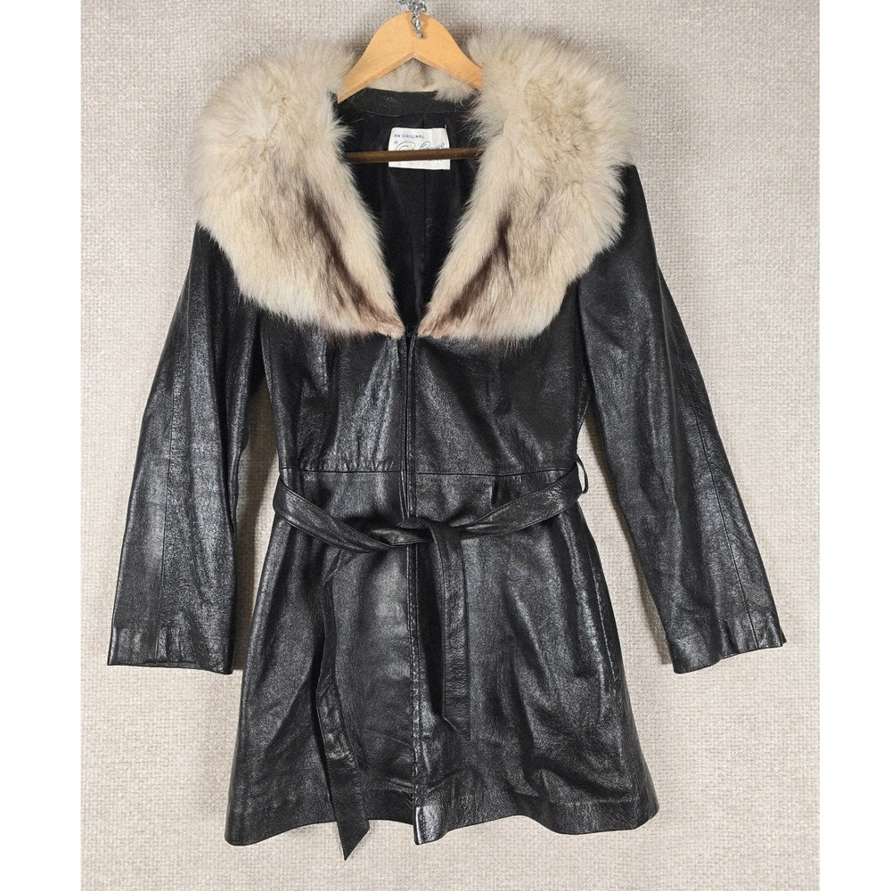 VTG Peter Caruso Black Leather Authentic REAL FUR COLLAR Penny Lane Coat S